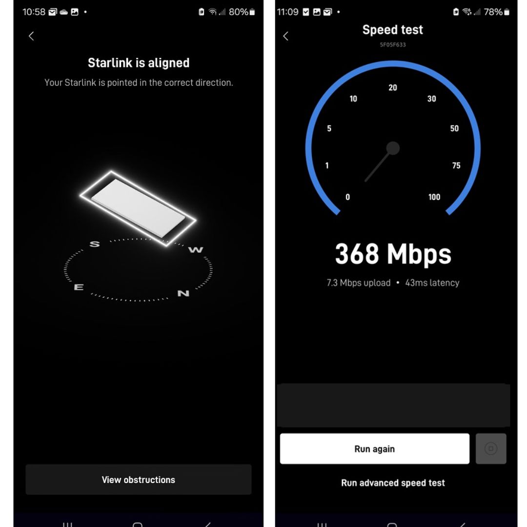 Starlink alignment and speed test